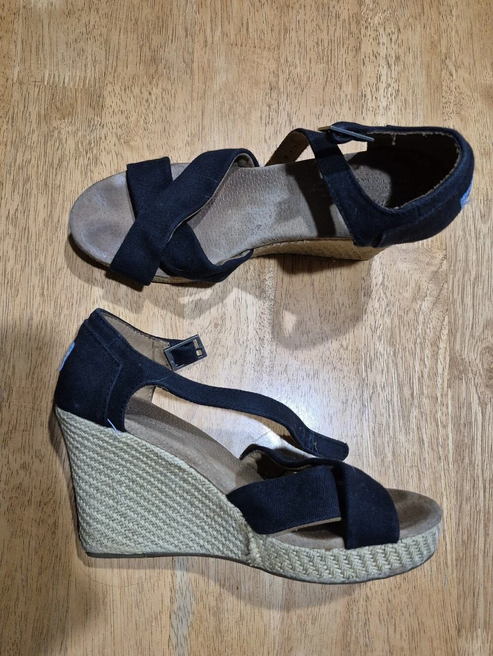Toms Black Espadrille Wedge Sandals with Ankle Strap